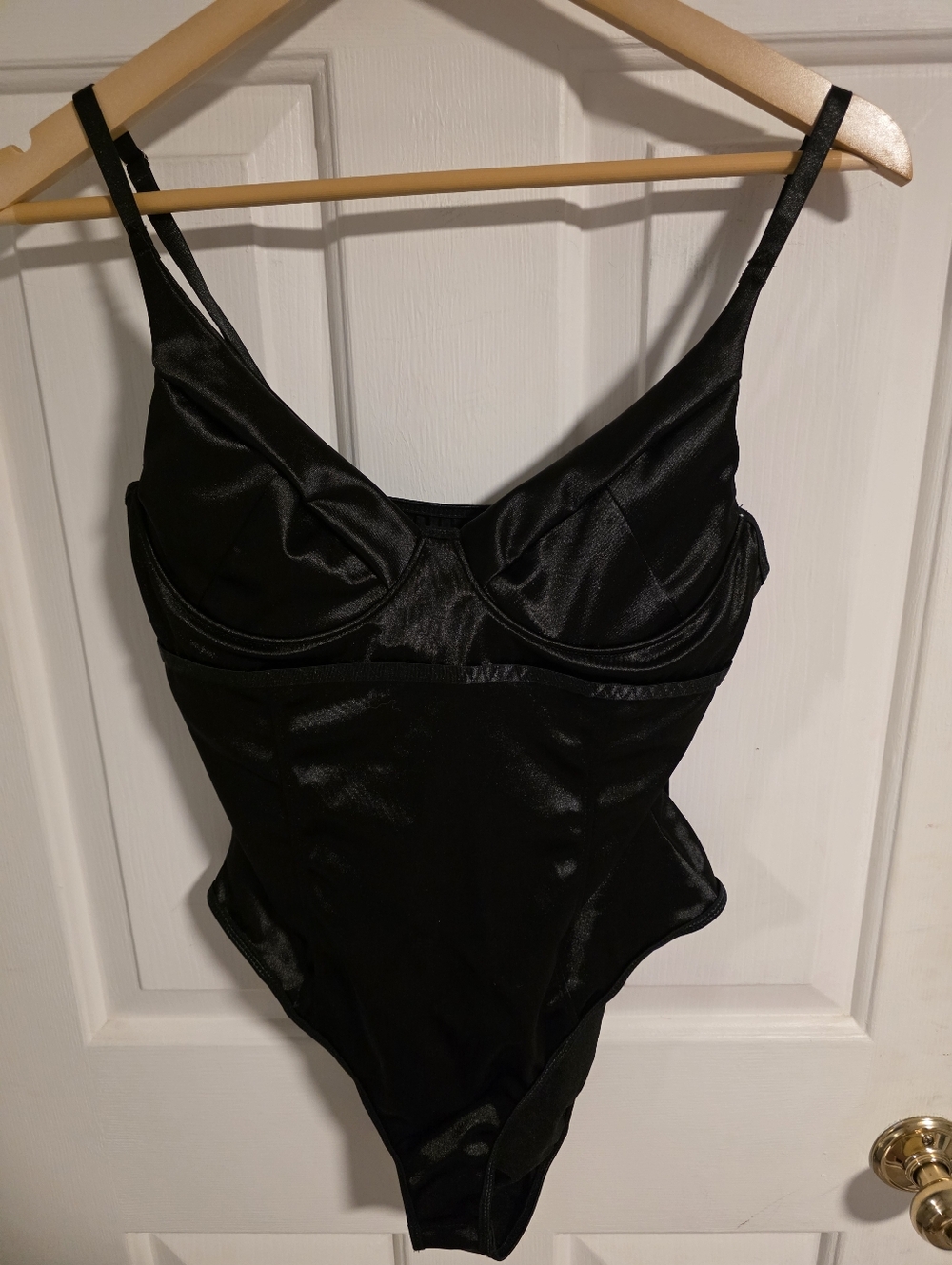 Women's Black Satin  Bodysuit Snap Closure Size Large